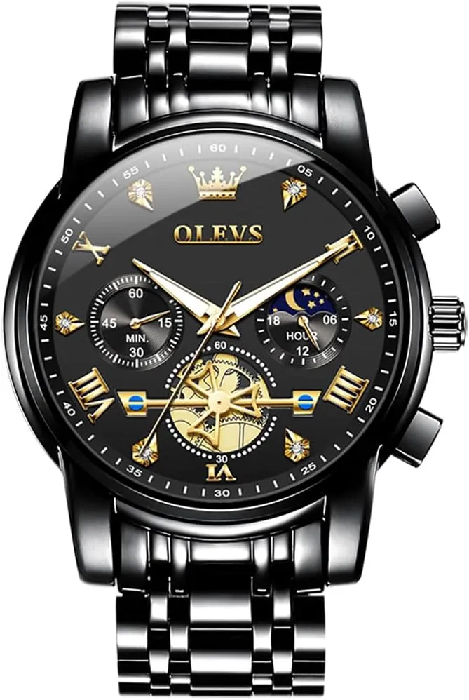 OLEVS Watch for Men Stainless Steel Chronograph Big Face Easy to Read Analog Quartz Watches Luxury Waterproof Date Diamond Roman Arabic Numerals Dial Dress Wrist Watches