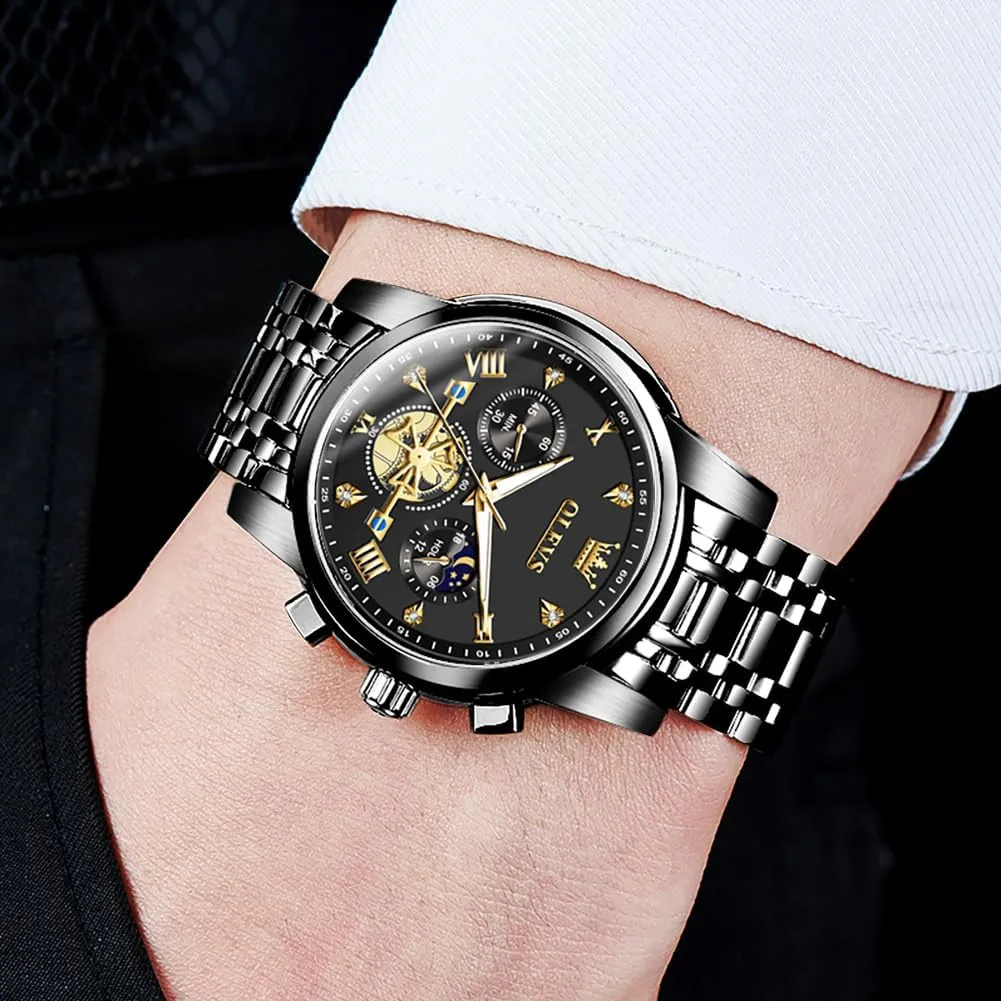 OLEVS Watch for Men Stainless Steel Chronograph Big Face Easy to Read Analog Quartz Watches Luxury Waterproof Date Diamond Roman Arabic Numerals Dial Dress Wrist Watches
