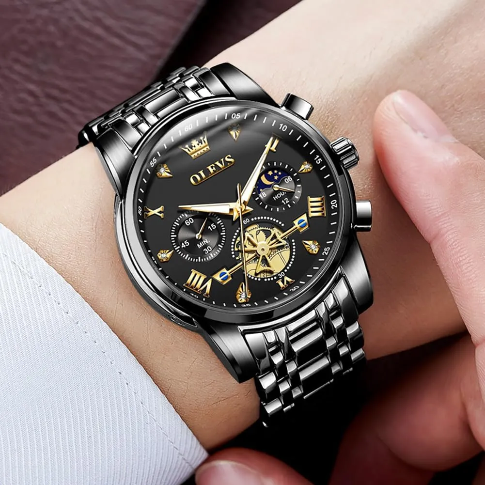 OLEVS Watch for Men Stainless Steel Chronograph Big Face Easy to Read Analog Quartz Watches Luxury Waterproof Date Diamond Roman Arabic Numerals Dial Dress Wrist Watches