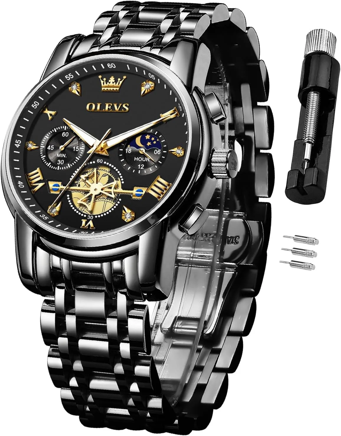 OLEVS Watch for Men Stainless Steel Chronograph Big Face Easy to Read Analog Quartz Watches Luxury Waterproof Date Diamond Roman Arabic Numerals Dial Dress Wrist Watches