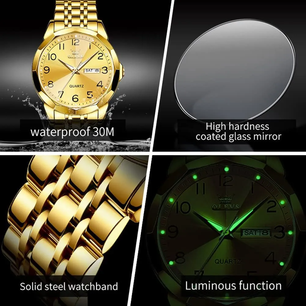 OLEVS Watch for Men Women Large Face Unisex Diamond Luxury Dress Analog Quartz Stainless Steel Waterproof Luminous Date Business Casual Wrist Watch
