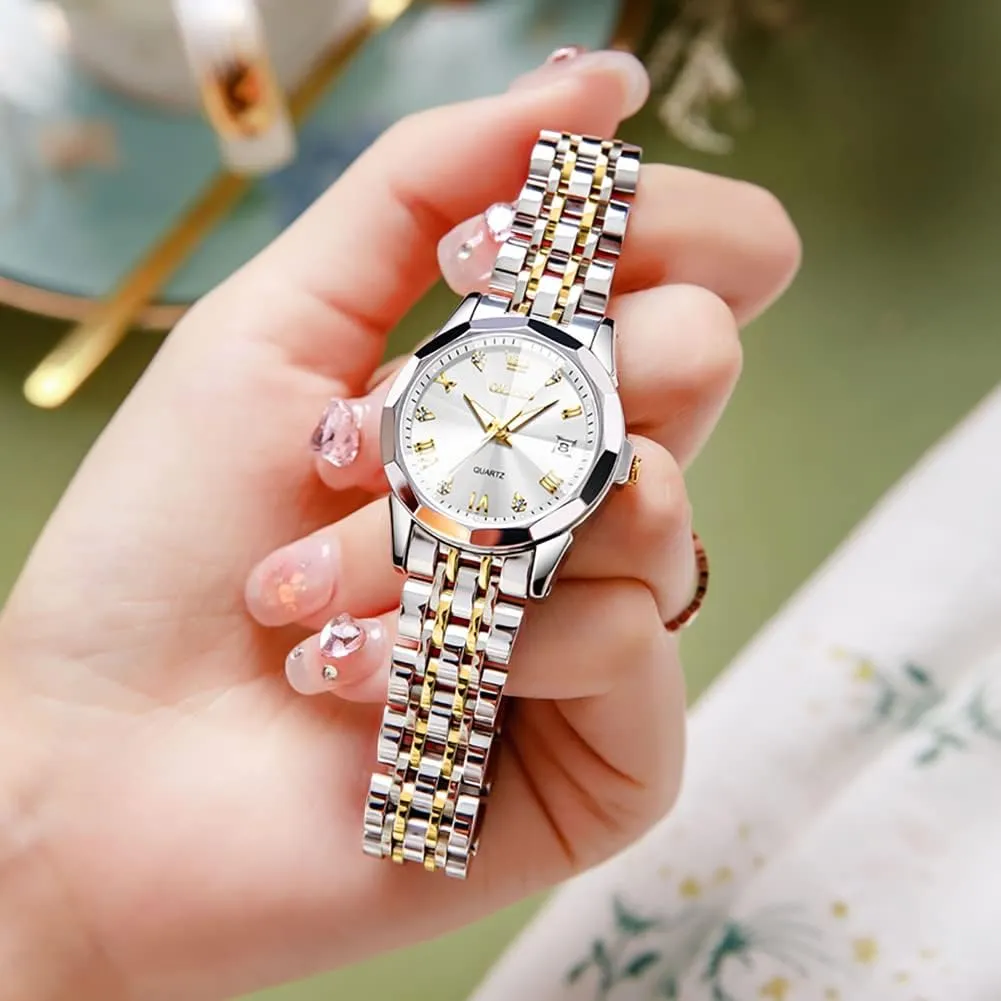 OLEVS Watch Women,Watches for Women,Ladies Watches,Lady Watch,Waterproof Fashion Dress Diamond Stainless Steel Bracelet Analog Watches for Women Small Wrist Day and Date Water Resistant Watches