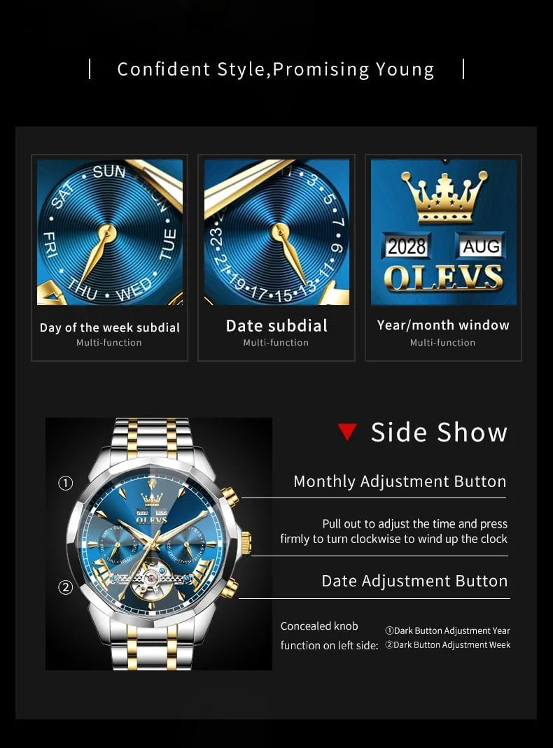 OLEVS Watches for Men Automatic Mechanical Luxury Dress Big Face Self Winding Tourbillon Skeleton Luminous Wrist Watches
