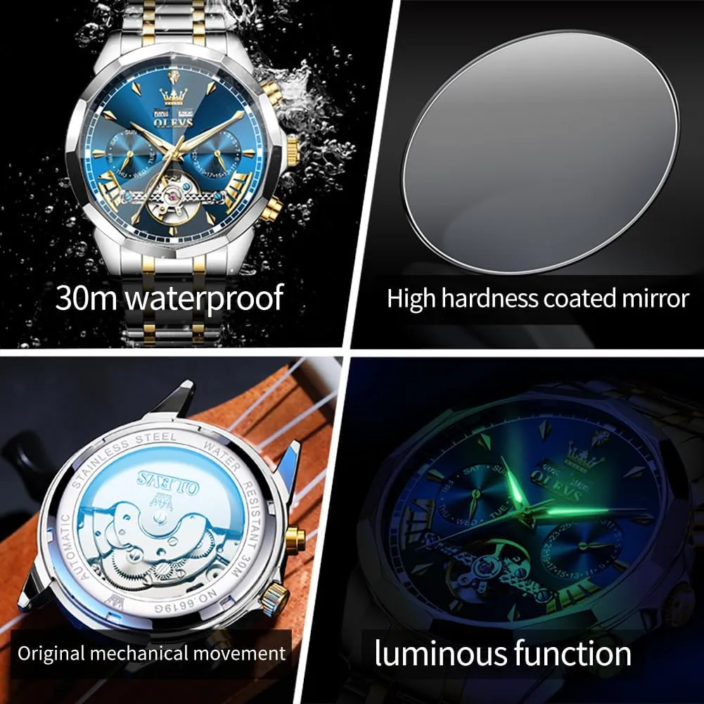 OLEVS Watches for Men Automatic Mechanical Luxury Dress Big Face Self Winding Tourbillon Skeleton Luminous Wrist Watches
