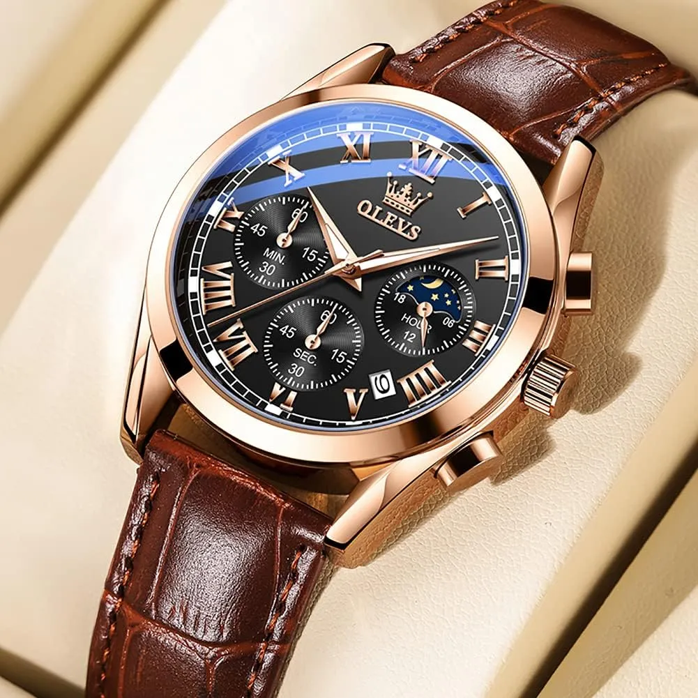 OLEVS Watches for Men Brown Leather Gold Case Analog Quartz Fashion Business Dress Watch Day Date Luminous Waterproof Casual Male Wrist Watches