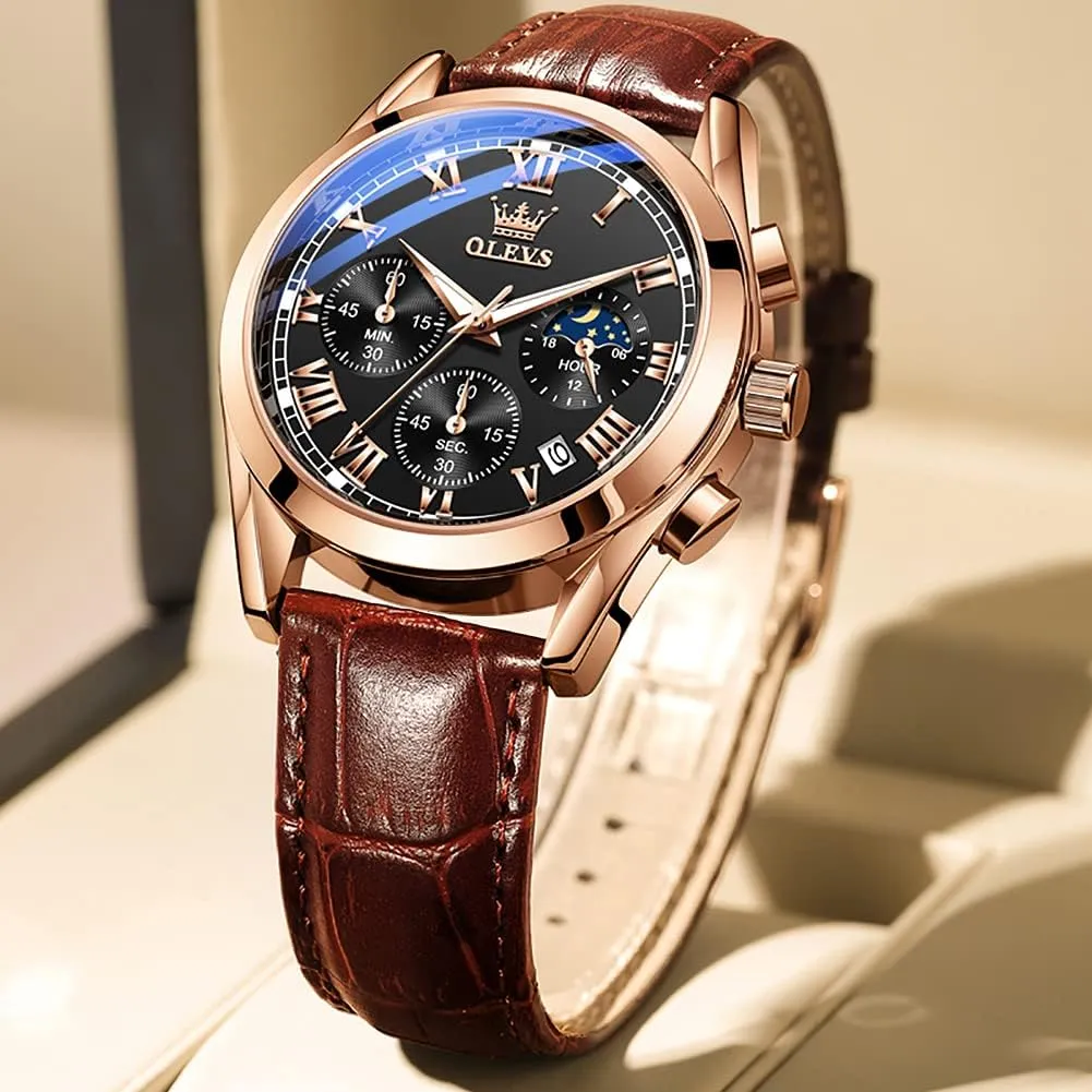 OLEVS Watches for Men Brown Leather Gold Case Analog Quartz Fashion Business Dress Watch Day Date Luminous Waterproof Casual Male Wrist Watches