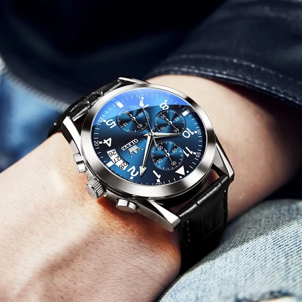 OLEVS Watches for Men Brown Leather Gold Case Analog Quartz Fashion Business Dress Watch Day Date Luminous Waterproof Casual Male Wrist Watches