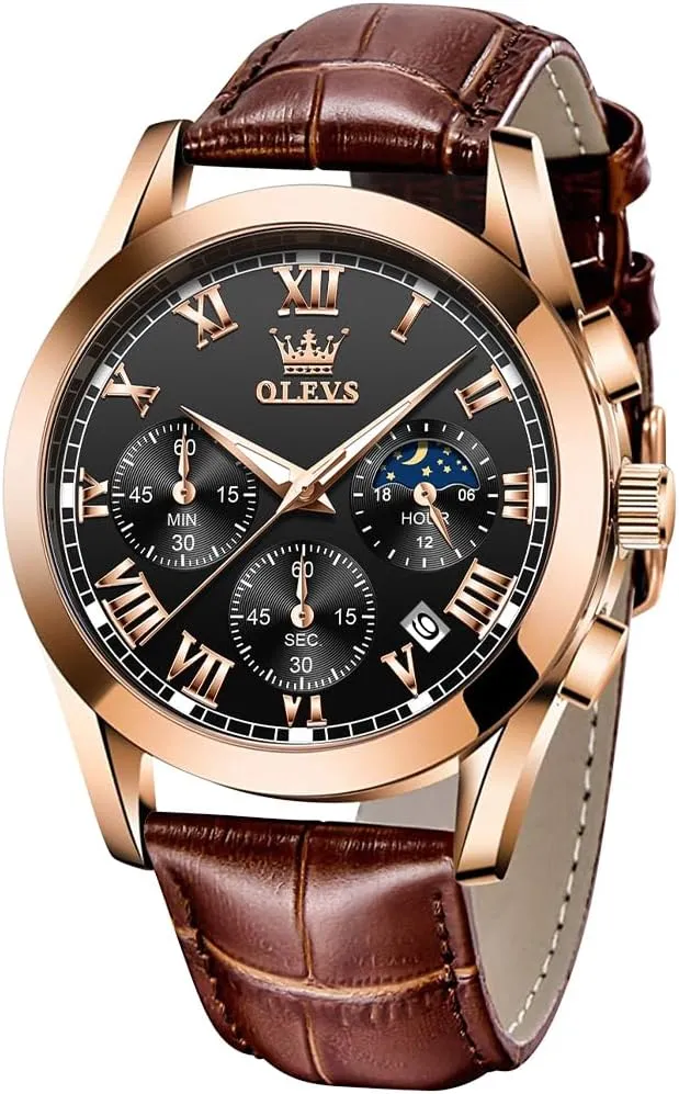 OLEVS Watches for Men Brown Leather Gold Case Analog Quartz Fashion Business Dress Watch Day Date Luminous Waterproof Casual Male Wrist Watches