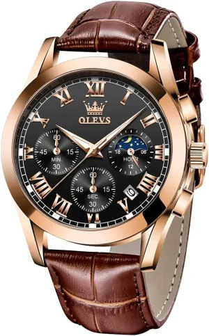 OLEVS Watches for Men Brown Leather Gold Case Analog Quartz Fashion Business Dress Watch Day Date Luminous Waterproof Casual Male Wrist Watches