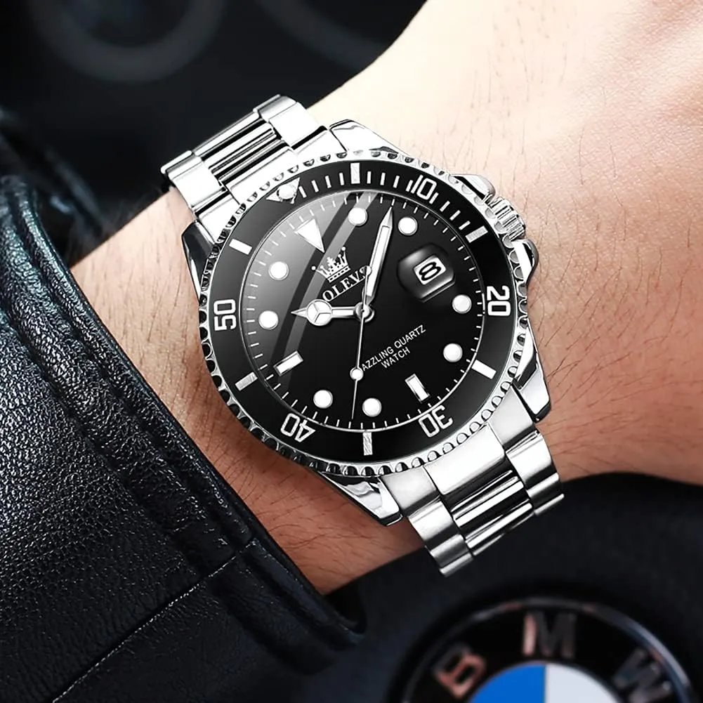 OLEVS Watches for Men Classic with Date Business Dress Luxury Big Face Green/Black/Blue Waterproof Luminous Mens Wrist Watch Analog Two Tone Stainless Steel Men Watch