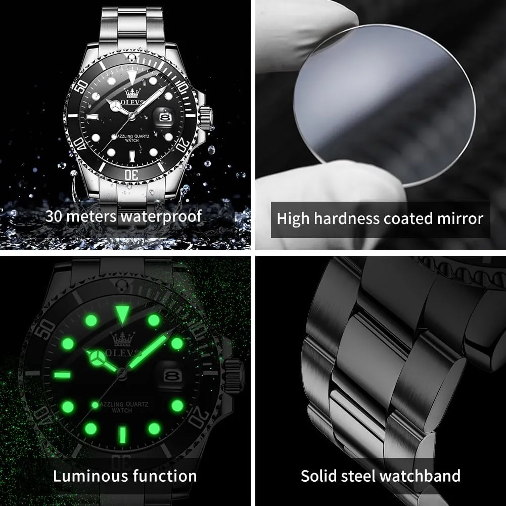 OLEVS Watches for Men Classic with Date Business Dress Luxury Big Face Green/Black/Blue Waterproof Luminous Mens Wrist Watch Analog Two Tone Stainless Steel Men Watch