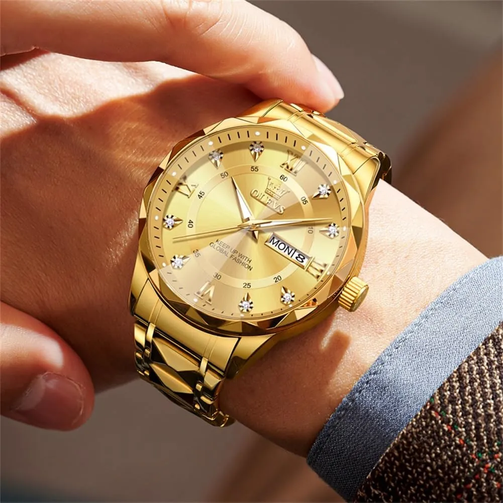 OLEVS Watches for Men Luxury Diamond Casual Large Dial Watches Stainless Steel Waterproof Business Dress Analog Luminous Date Mens Watches