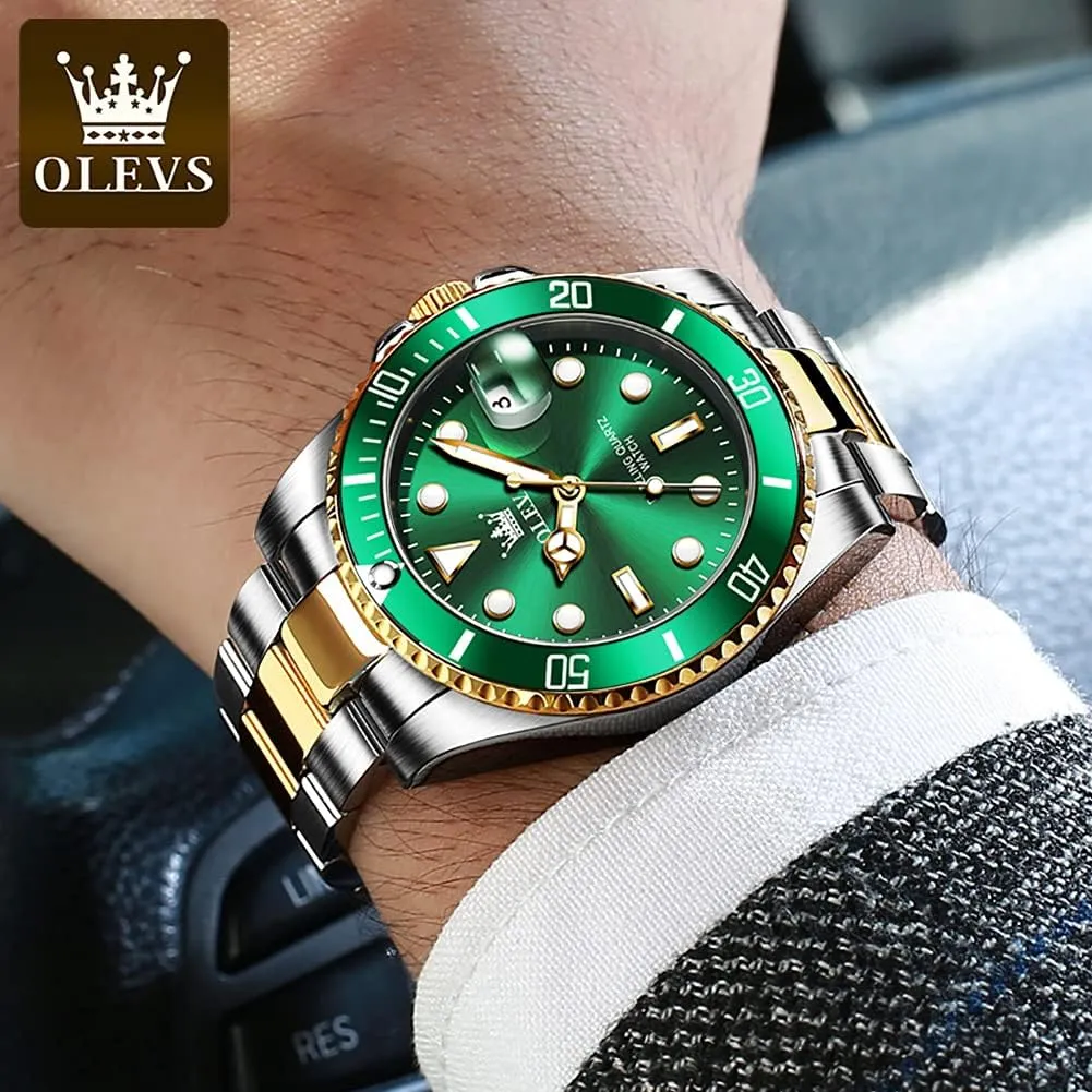 OLEVS Watches for Men with Date Luxury Big Face Waterproof Mens Wristwatch Analog Dress Two Tone Stainless Steel Man Watch Luminous Relojes De Hombre Calendar(Green/Blue/Black Dial