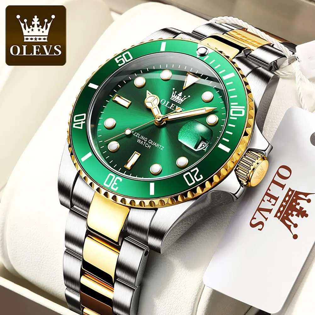 OLEVS Watches for Men with Date Luxury Big Face Waterproof Mens Wristwatch Analog Dress Two Tone Stainless Steel Man Watch Luminous Relojes De Hombre Calendar(Green/Blue/Black Dial