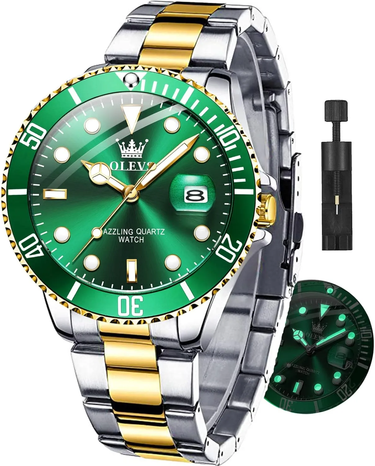 OLEVS Watches for Men with Date Luxury Big Face Waterproof Mens Wristwatch Analog Dress Two Tone Stainless Steel Man Watch Luminous Relojes De Hombre Calendar(Green/Blue/Black Dial