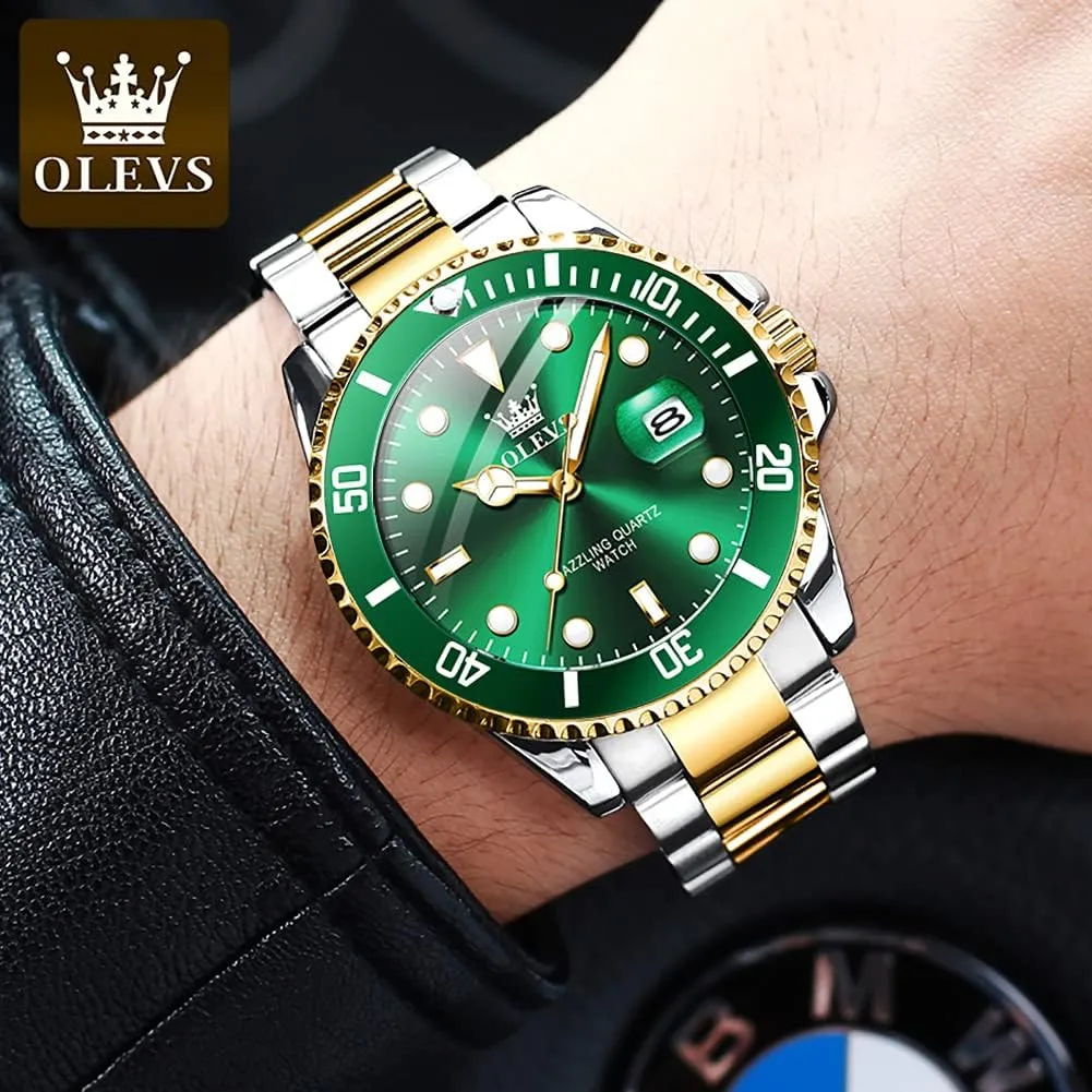 OLEVS Watches for Men with Date Luxury Big Face Waterproof Mens Wristwatch Analog Dress Two Tone Stainless Steel Man Watch Luminous Relojes De Hombre Calendar(Green/Blue/Black Dial