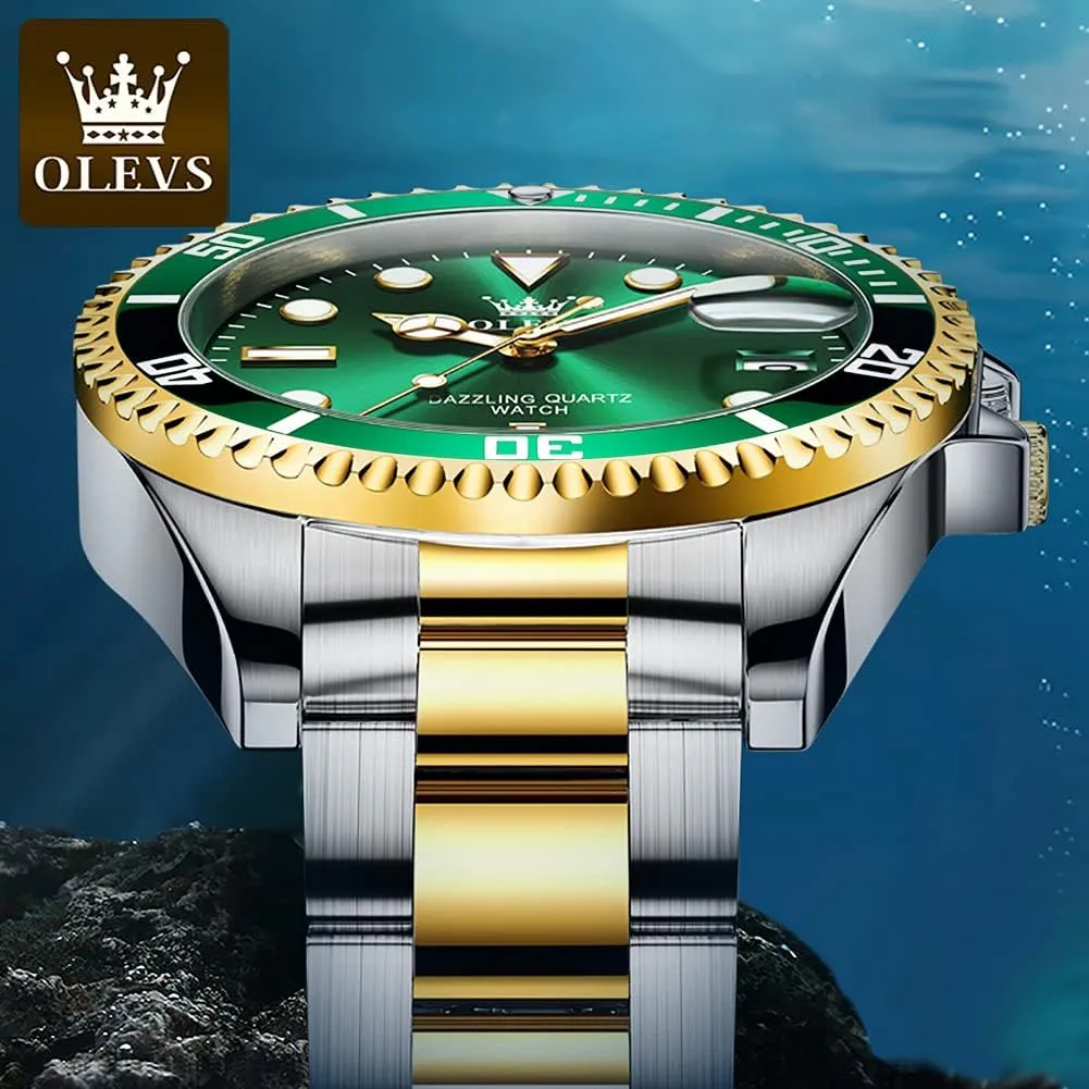 OLEVS Watches for Men with Date Luxury Big Face Waterproof Mens Wristwatch Analog Dress Two Tone Stainless Steel Man Watch Luminous Relojes De Hombre Calendar(Green/Blue/Black Dial