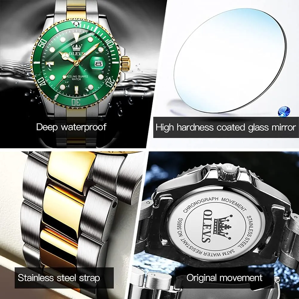 OLEVS Watches for Men with Date Luxury Big Face Waterproof Mens Wristwatch Analog Dress Two Tone Stainless Steel Man Watch Luminous Relojes De Hombre Calendar(Green/Blue/Black Dial