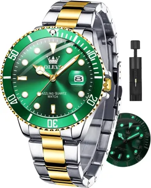 OLEVS Watches for Men with Date Luxury Big Face Waterproof Mens Wristwatch Analog Dress Two Tone Stainless Steel Man Watch Luminous Relojes De Hombre Calendar(Green/Blue/Black Dial