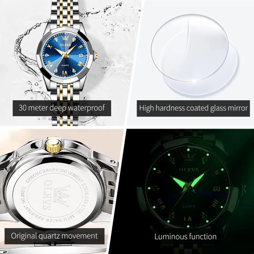 OLEVS Women Analog Quartz Watch Silver Stainless Steel Two Tone Fashion Ladies Waterproof Luminous Date Day Wrist Watches