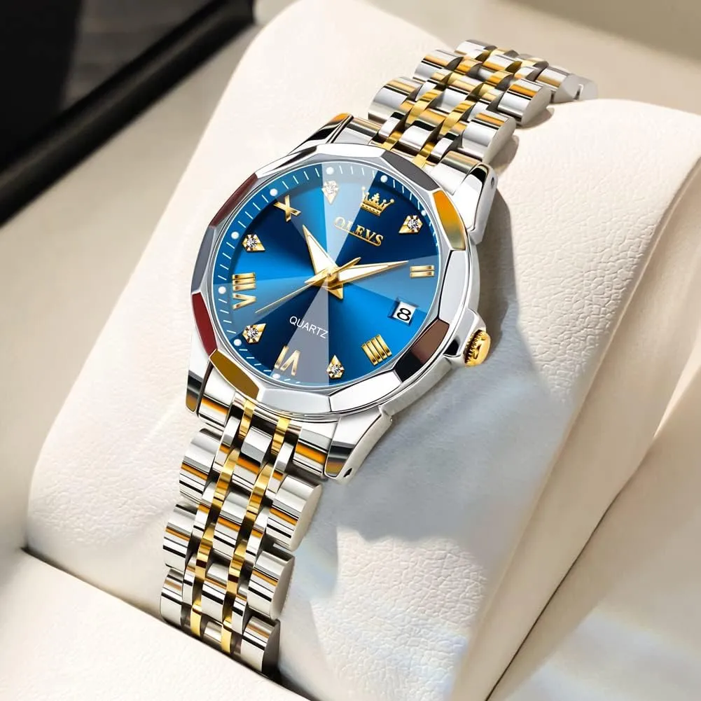 OLEVS Women Analog Quartz Watch Silver Stainless Steel Two Tone Fashion Ladies Waterproof Luminous Date Day Wrist Watches