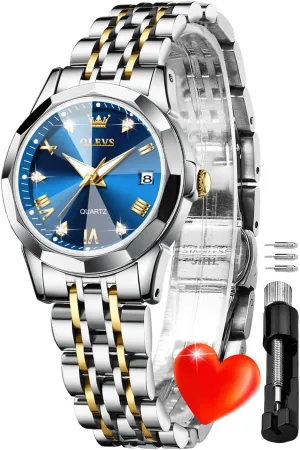 OLEVS Women Analog Quartz Watch Silver Stainless Steel Two Tone Fashion Ladies Waterproof Luminous Date Day Wrist Watches