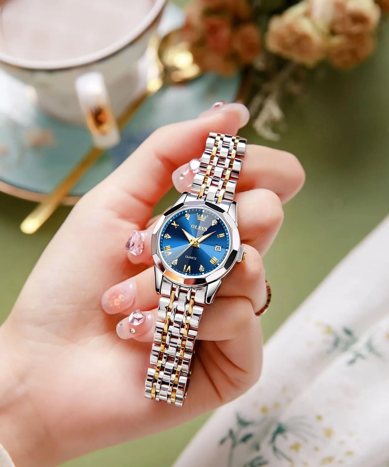 OLEVS Women Analog Quartz Watch Silver Stainless Steel Two Tone Fashion Ladies Waterproof Luminous Date Day Wrist Watches