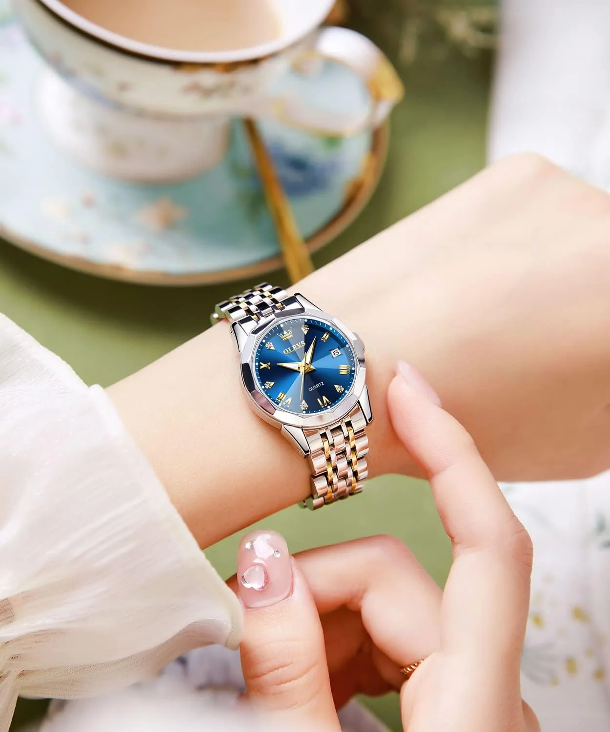 OLEVS Women Analog Quartz Watch Silver Stainless Steel Two Tone Fashion Ladies Waterproof Luminous Date Day Wrist Watches