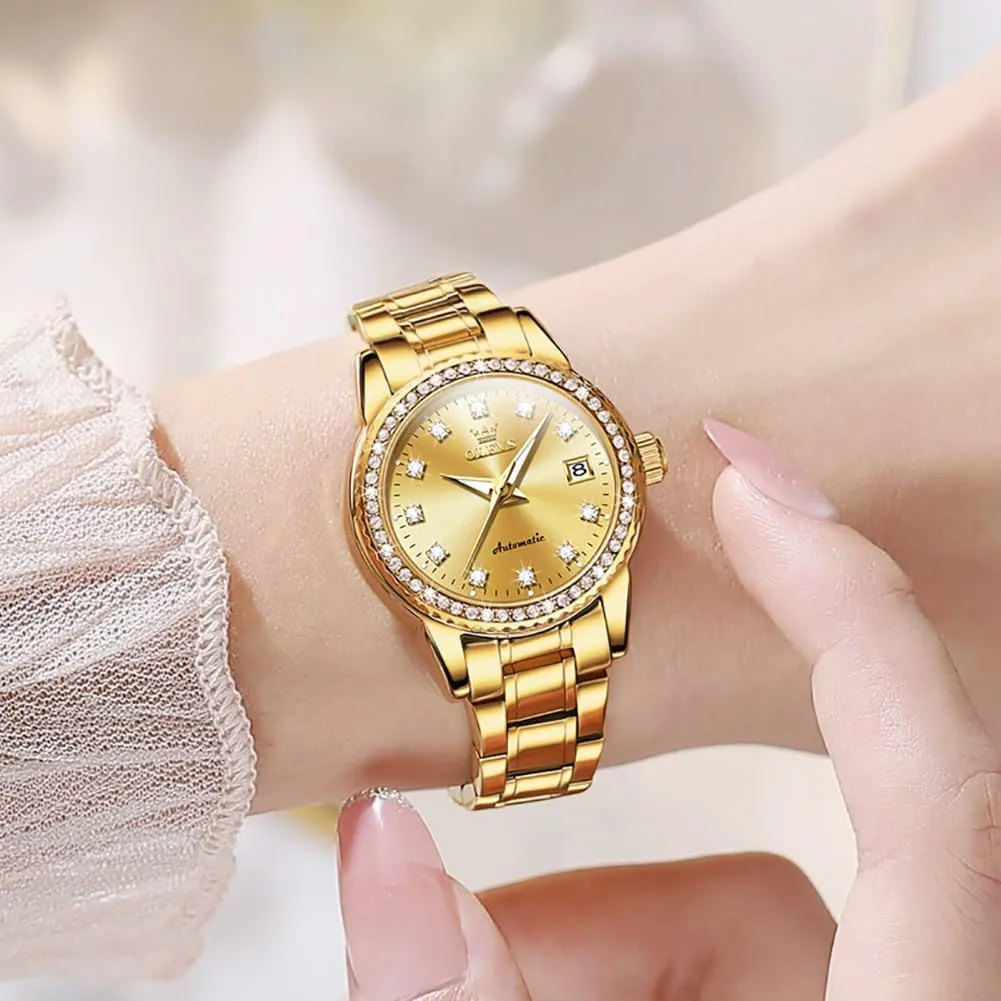 OLEVS Womens Automatic Watches Diamond Stainless Steel Self Winding Ladies Dress Wrist Watches Luminous Waterproof