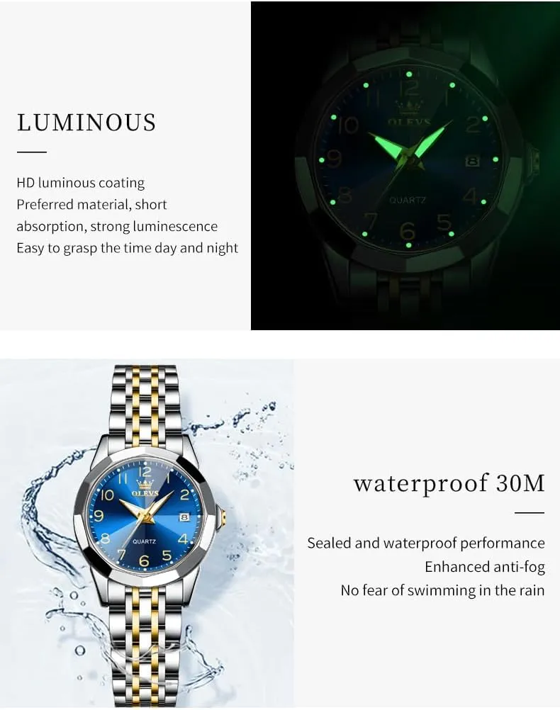 OLEVS Womens Watch Classic Dress Number Female Watches for Ladies Analog Quartz Stainless Steel Waterproof Luminous Day Date Two Tone Easy to Read Wristwatch