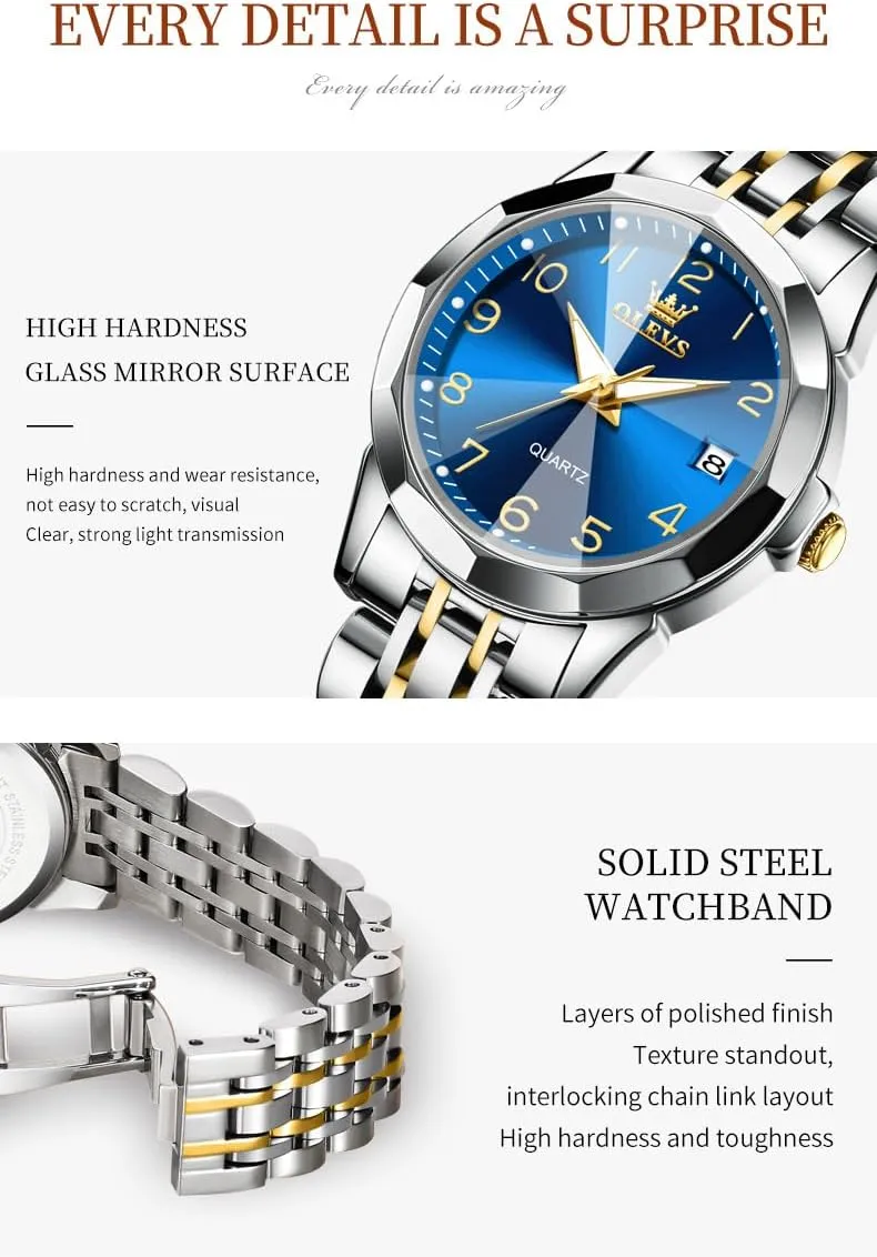 OLEVS Womens Watch Classic Dress Number Female Watches for Ladies Analog Quartz Stainless Steel Waterproof Luminous Day Date Two Tone Easy to Read Wristwatch
