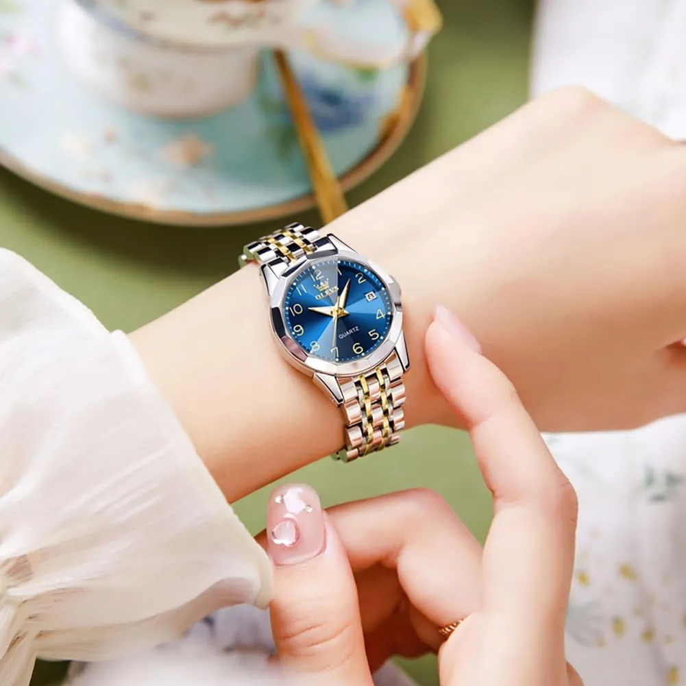 OLEVS Womens Watch Classic Dress Number Female Watches for Ladies Analog Quartz Stainless Steel Waterproof Luminous Day Date Two Tone Easy to Read Wristwatch