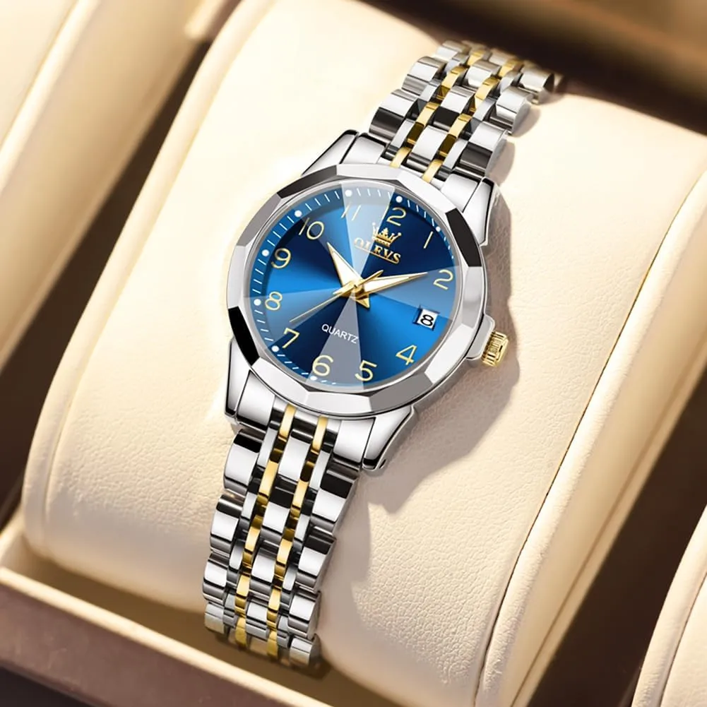 OLEVS Womens Watch Classic Dress Number Female Watches for Ladies Analog Quartz Stainless Steel Waterproof Luminous Day Date Two Tone Easy to Read Wristwatch