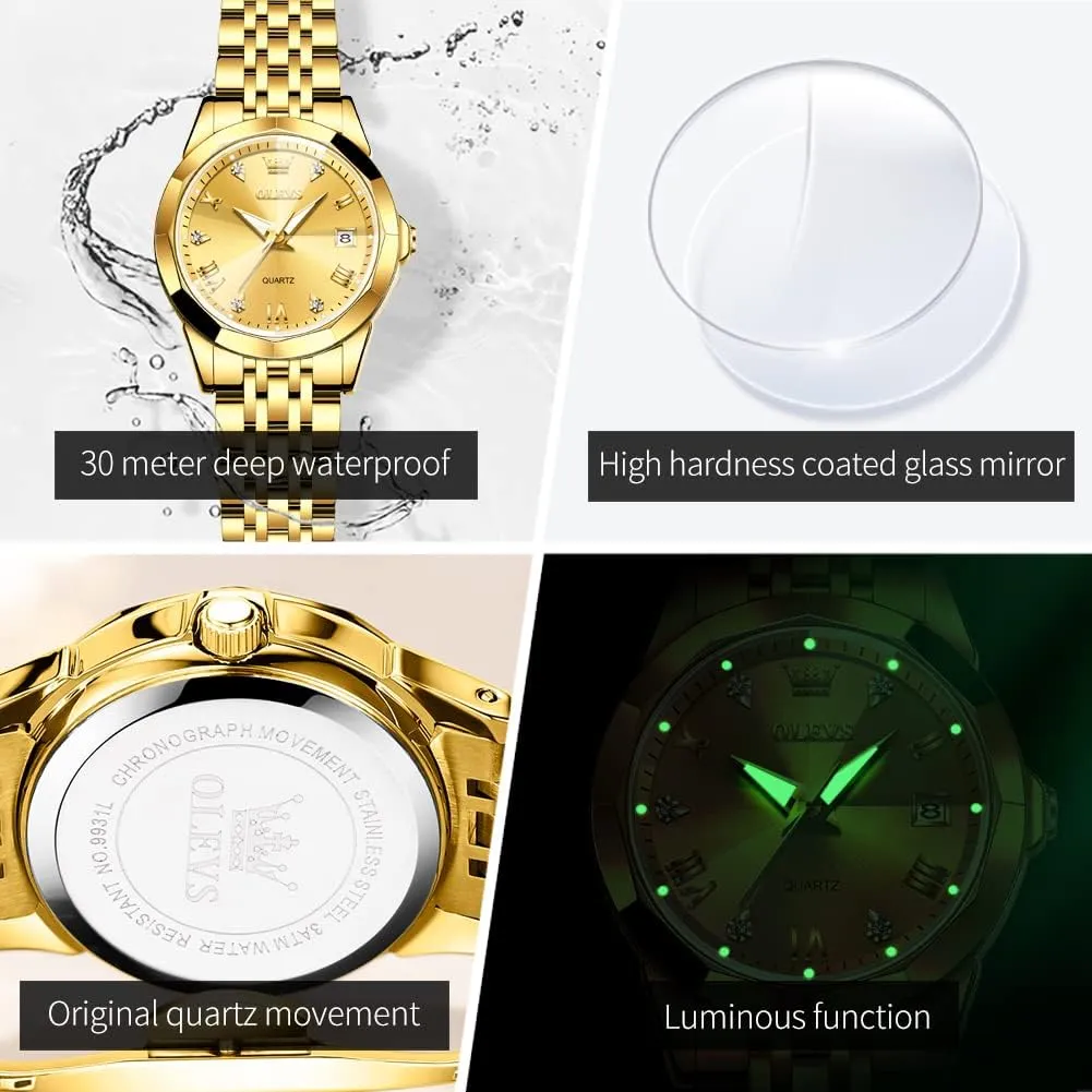 OLEVS Womens Watch Fashion Dress Diamond Female Watches for Ladies Analog Quartz Stainless Steel Waterproof Luminous Day Date Two Tone Wristwatch