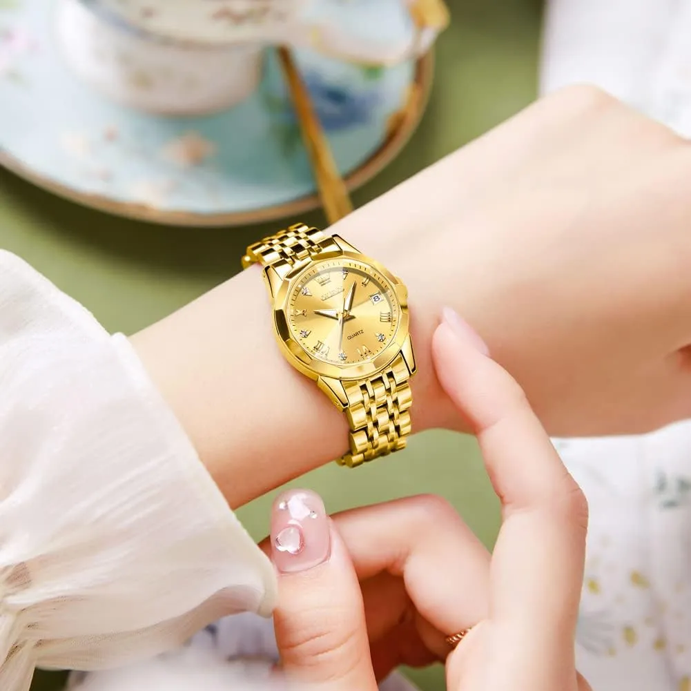 OLEVS Womens Watch Fashion Dress Diamond Female Watches for Ladies Analog Quartz Stainless Steel Waterproof Luminous Day Date Two Tone Wristwatch