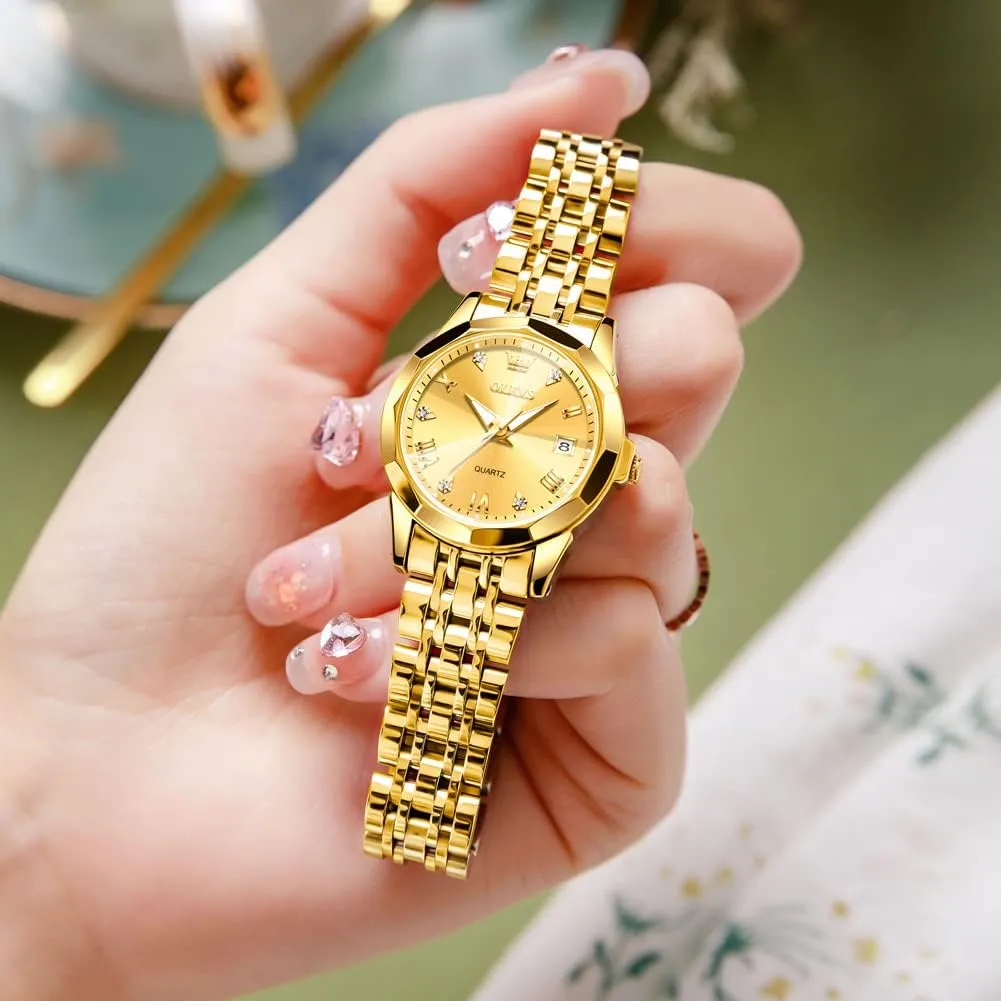 OLEVS Womens Watch Fashion Dress Diamond Female Watches for Ladies Analog Quartz Stainless Steel Waterproof Luminous Day Date Two Tone Wristwatch