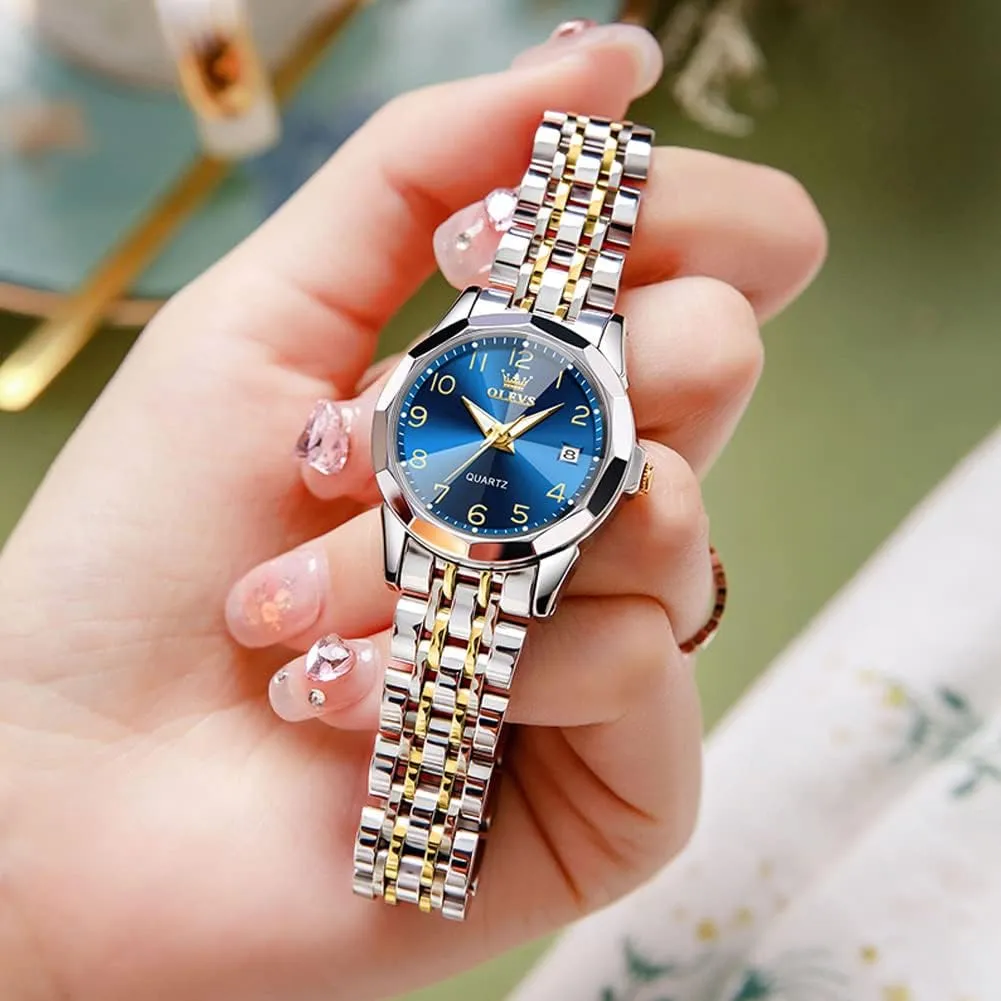 OLEVS Women's Watch Gold/Silver Analog Quartz Small Stainless Steel Business Formal Waterproof Luminous Date Ladies Watch