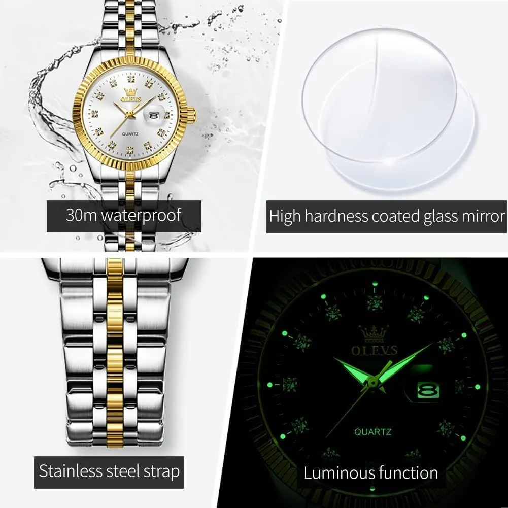 OLEVS Womens Watches Diamond Luxury Dress Gold Wrist Watch Stainless Steel Waterproof Luminous Date