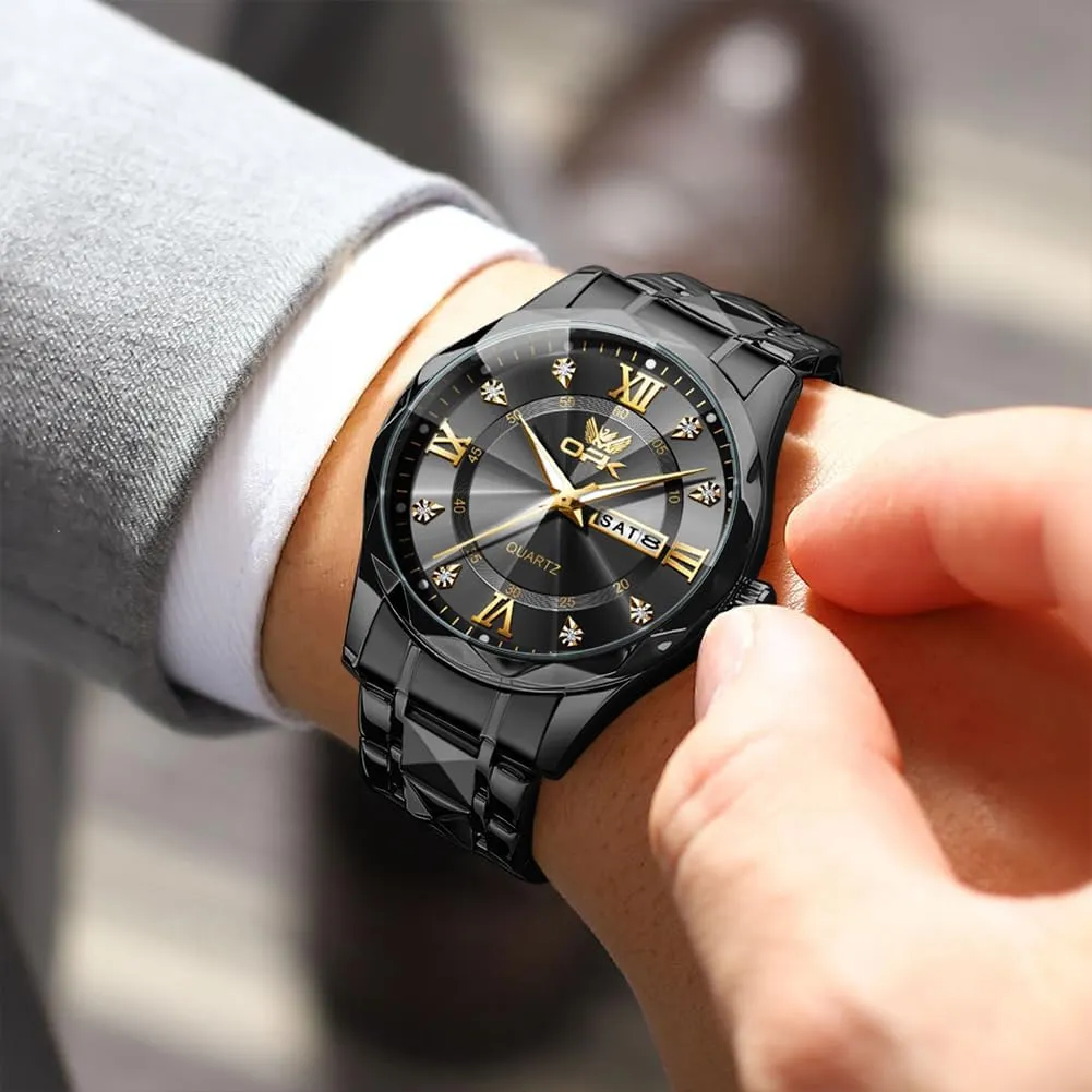 OPK Watches for Men Diamond Roman Analog Mens Watches Waterproof Large Stainless Steel Men Wrist Watch Business Father Gift Watch Blue