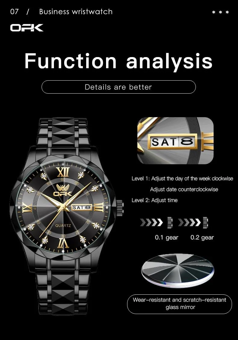 OPK Watches for Men Diamond Roman Analog Mens Watches Waterproof Large Stainless Steel Men Wrist Watch Business Father Gift Watch Blue