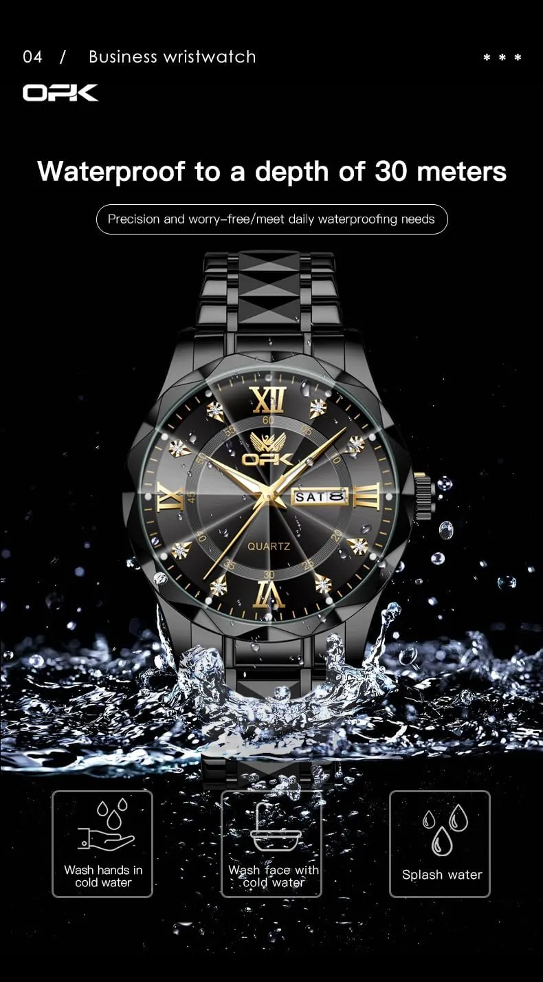 OPK Watches for Men Diamond Roman Analog Mens Watches Waterproof Large Stainless Steel Men Wrist Watch Business Father Gift Watch Blue