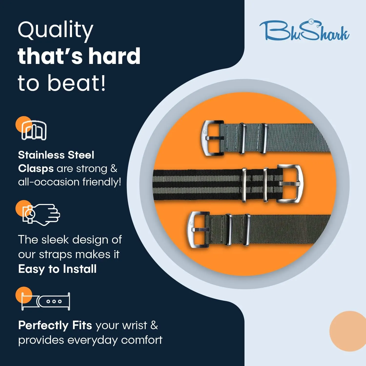 Original Collection Military-Style Waterproof Watch Strap, Fits All Timepiece Brands, Durable Nylon Wristwatch Accessories with Stainless Steel Buckle - 18mm, 20mm, 22mm or 24mm