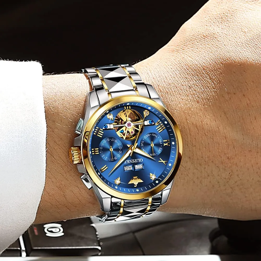 OUPINKE Men's Watch Automatic 44mm Big Dial Tungsten Steel Strap Date Waterproof Luxury Sapphire Crystal
