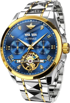 OUPINKE Men's Watch Automatic 44mm Big Dial Tungsten Steel Strap Date Waterproof Luxury Sapphire Crystal