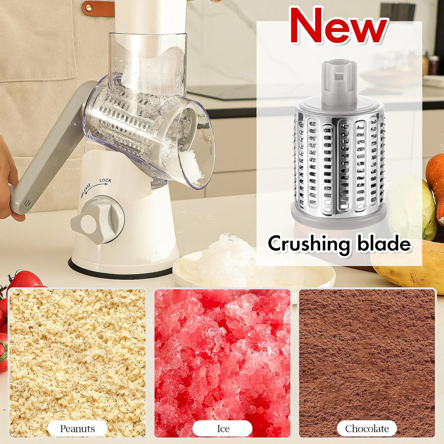 Ourokhome Rotary Cheese Grater Hand Crank, Kitchen Shredder Speed Mandolin Slicer Ice Shaver with Handle and Drum Blades for Cheese, Vegetable, Nuts, Chocolate, Potato, Carrot, 5 Blades, White