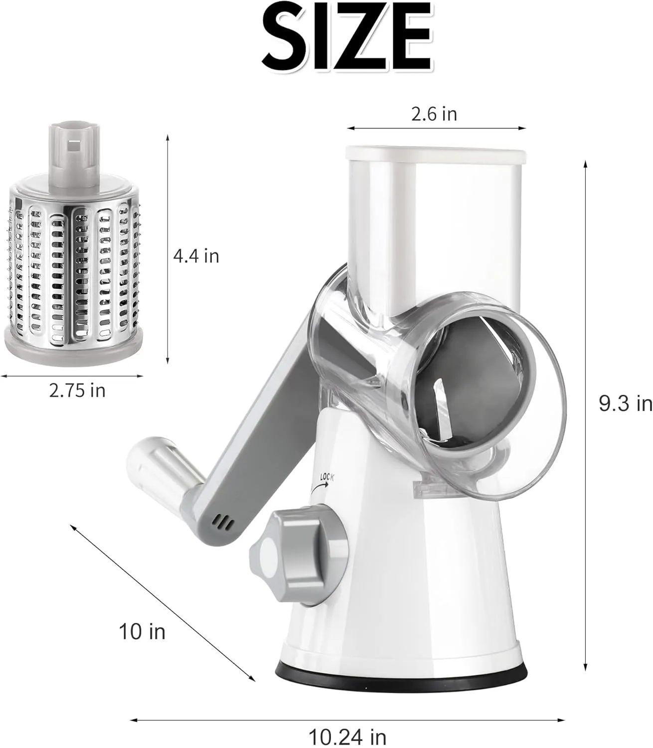 Ourokhome Rotary Cheese Grater Hand Crank, Kitchen Shredder Speed Mandolin Slicer Ice Shaver with Handle and Drum Blades for Cheese, Vegetable, Nuts, Chocolate, Potato, Carrot, 5 Blades, White