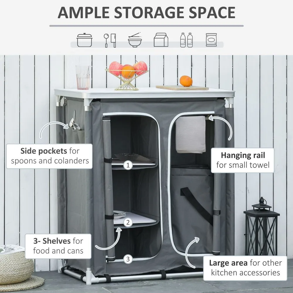 Outdoor Aluminum 3-shelf Camping Cupboard Kitchen Station Cook Table Outsunny