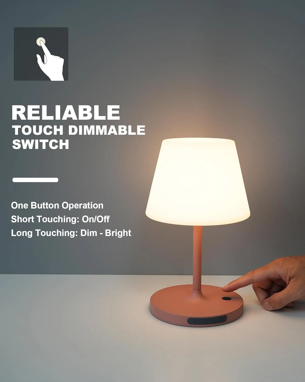 Outdoor Battery Operated Table Lamp Waterproof, 4000mAh Cordless Table Lamp Rechargeable, Touch Dimmable Desk Lamp, LED Night Light for Patio Camping Restaurant Home, H9.6in, Pink