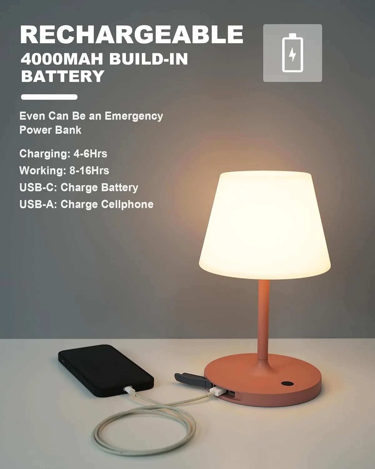 Outdoor Battery Operated Table Lamp Waterproof, 4000mAh Cordless Table Lamp Rechargeable, Touch Dimmable Desk Lamp, LED Night Light for Patio Camping Restaurant Home, H9.6in, Pink