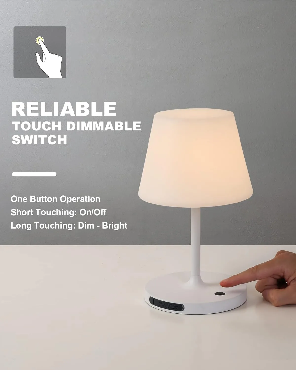 Outdoor Battery Operated Table Lamp Waterproof, 4000mAh Cordless Table Lamp Rechargeable, Touch Dimmable Desk Lamp, LED Night Light for Patio Camping Restaurant Home, H9.6in, White